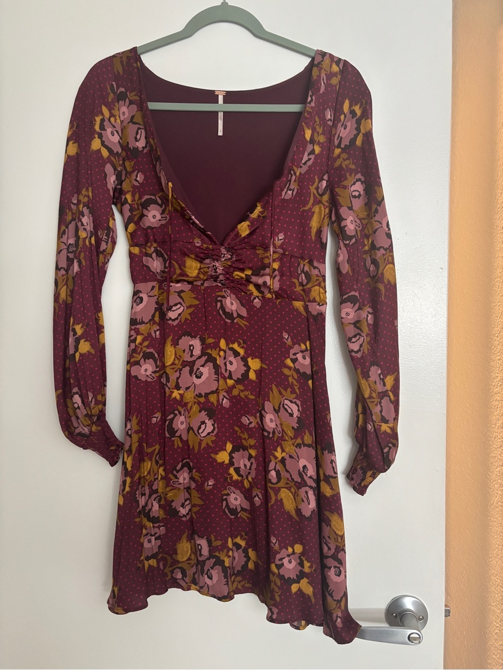 Free People Burgundy Floral V-Neck Long Sleeve Dress